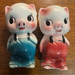 Vintage anthropomorphic Pig salt and pepper shakers wearing overalls. Ceramicc